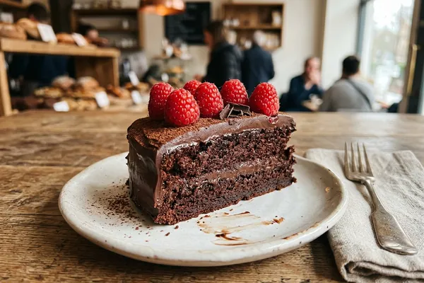 Angeschnittener saftiger veganer Schokokuchen mit Schokoglasur auf einer Kuchenplatte