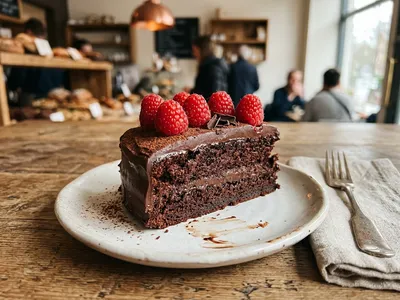 Angeschnittener saftiger veganer Schokokuchen mit Schokoglasur auf einer Kuchenplatte