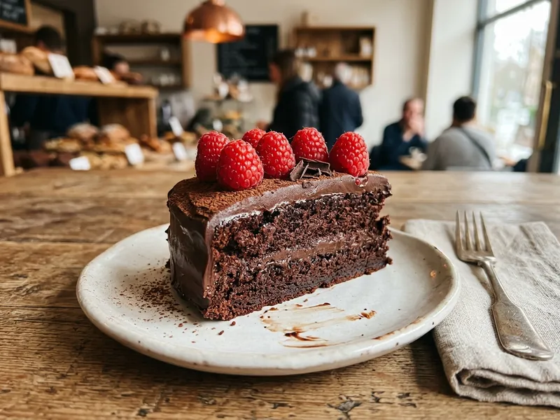 Angeschnittener saftiger veganer Schokokuchen mit Schokoglasur auf einer Kuchenplatte