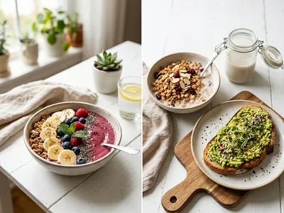 Schnelles veganes Frühstück mit Smoothie Bowl, Rührtofu und Avocado-Toast auf einem Holzbrett