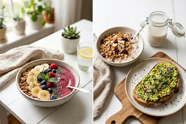 Schnelles veganes Frühstück mit Smoothie Bowl, Rührtofu und Avocado-Toast auf einem Holzbrett