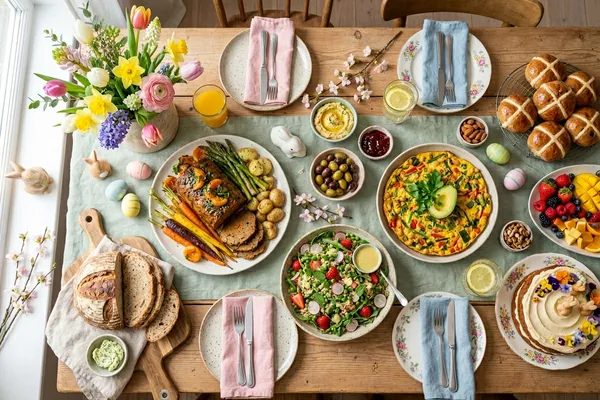 Gedeckter Brunch-Tisch mit veganem Rührtofu, Hefezopf, Pancakes und frischem Obst