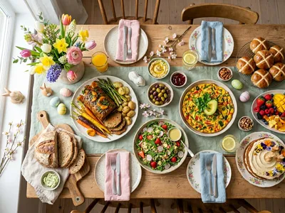 Gedeckter Brunch-Tisch mit veganem Rührtofu, Hefezopf, Pancakes und frischem Obst