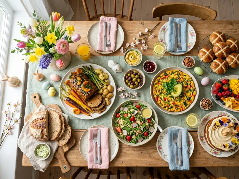 Gedeckter Brunch-Tisch mit veganem Rührtofu, Hefezopf, Pancakes und frischem Obst
