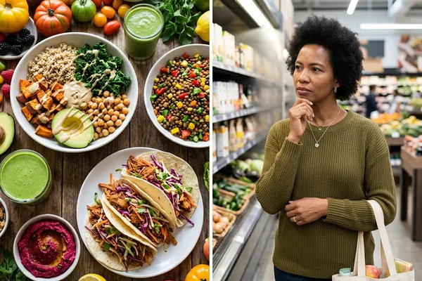 Waage mit pflanzlichen Lebensmitteln auf der einen und Fragezeichen auf der anderen Seite