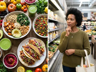 Waage mit pflanzlichen Lebensmitteln auf der einen und Fragezeichen auf der anderen Seite