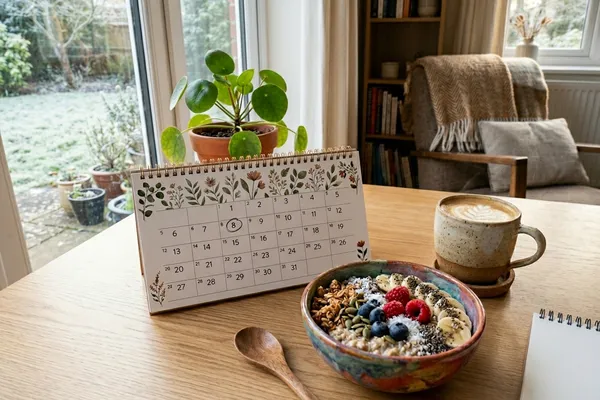 Kalenderblatt Januar neben einer pflanzlichen Mahlzeit