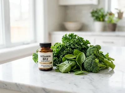 Vitamin B12 Supplement neben frischem Gemüse