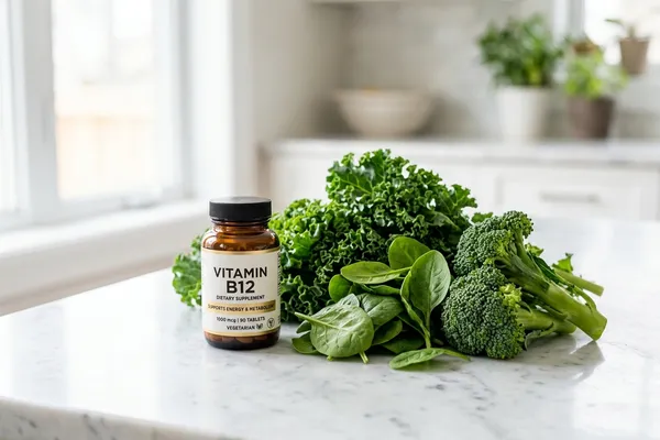 Vitamin B12 Supplement neben frischem Gemüse