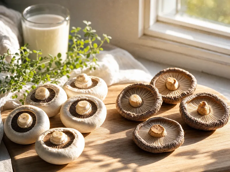 UV-bestrahlte Pilze auf einem Holzbrett am Fenster, weiches Vormittagslicht — pflanzliche Vitamin-D-Quelle in heller Küchenumgebung