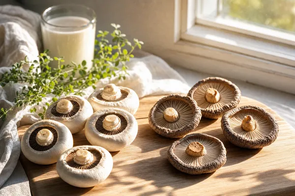 UV-bestrahlte Pilze auf einem Holzbrett am Fenster, weiches Vormittagslicht — pflanzliche Vitamin-D-Quelle in heller Küchenumgebung