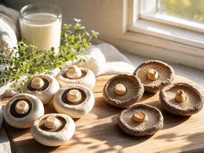 UV-bestrahlte Pilze auf einem Holzbrett am Fenster, weiches Vormittagslicht — pflanzliche Vitamin-D-Quelle in heller Küchenumgebung