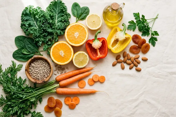 Farbenfrohe Auswahl vitaminreicher pflanzlicher Lebensmittel — Paprika, Karotten, Blattgemüse, Nüsse, Zitrusfrüchte und Beeren