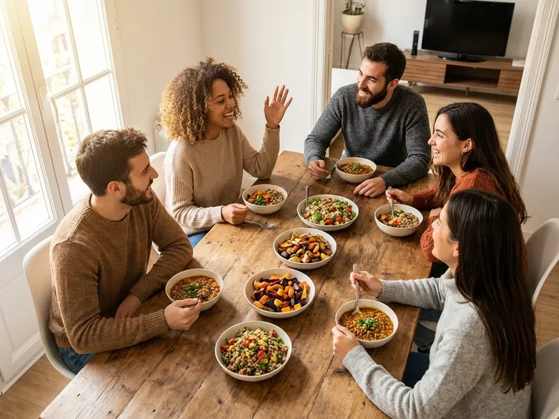 Freunde diskutieren entspannt bei einem pflanzlichen Abendessen