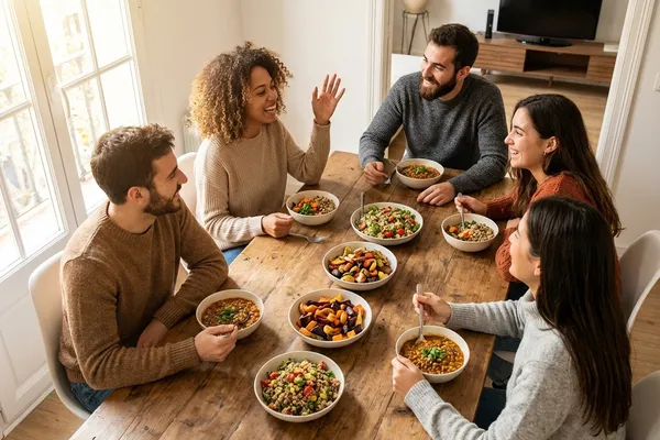 Freunde diskutieren entspannt bei einem pflanzlichen Abendessen