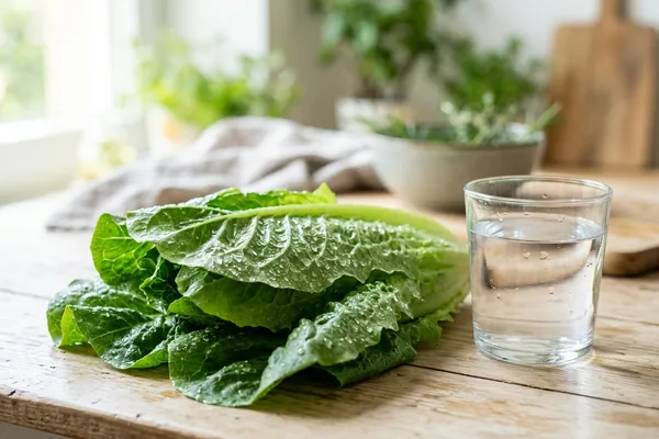 Wassertropfen auf frischem grünen Salat mit einem Glas klarem Wasser