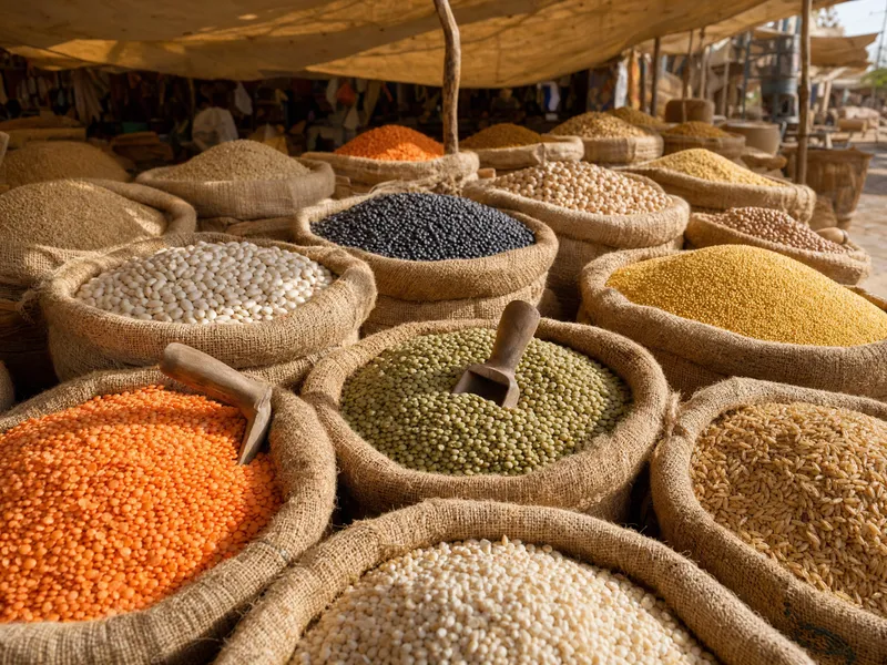 Marktstand unter einem Sonnensegel mit offenen Jutesäcken voller Grundnahrungsmittel: rote und grüne Linsen, weiße und schwarze Bohnen, Hirse, Reis und Gerste, in einigen Säcken stecken Holzschaufeln