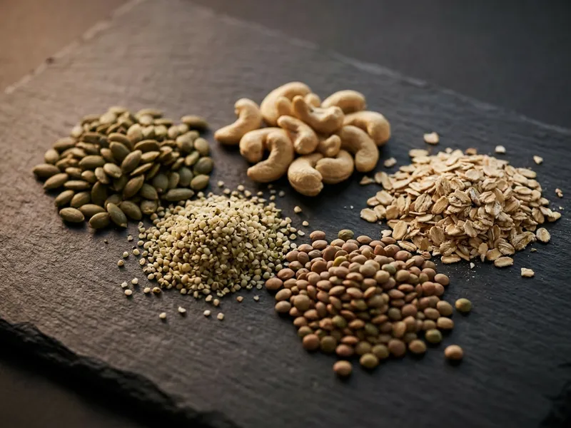 Pflanzliche Zinkquellen — Kürbiskerne, Hanfsamen, Cashews, Linsen und Haferflocken auf dunklem Schiefer in moodiger Stillleben-Anordnung