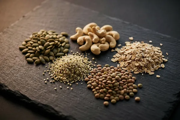 Pflanzliche Zinkquellen — Kürbiskerne, Hanfsamen, Cashews, Linsen und Haferflocken auf dunklem Schiefer in moodiger Stillleben-Anordnung