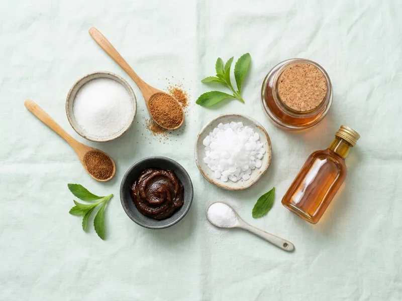 Verschiedene Zuckerersatzstoffe nebeneinander: Stevia-Blätter, Erythrit-Kristalle, Xylit-Pulver, Dattelpaste, Reissirup und Ahornsirup auf hellem Leinen-Hintergrund