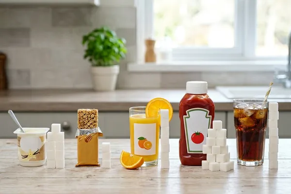 Zuckerwürfel gestapelt neben Alltagsprodukten wie Joghurt, Müsliriegeln und Ketchup