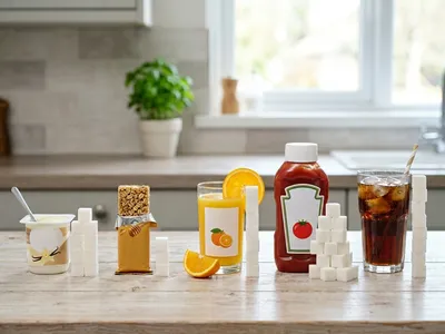 Zuckerwürfel gestapelt neben Alltagsprodukten wie Joghurt, Müsliriegeln und Ketchup