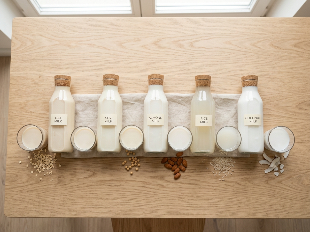 Fünf Gläser mit verschiedenen Pflanzenmilch-Sorten nebeneinander auf einem hellen Tisch