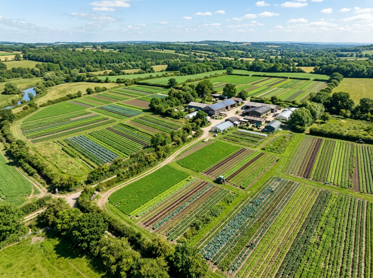Grünes Ackerland mit wachsendem Gemüse aus der Vogelperspektive