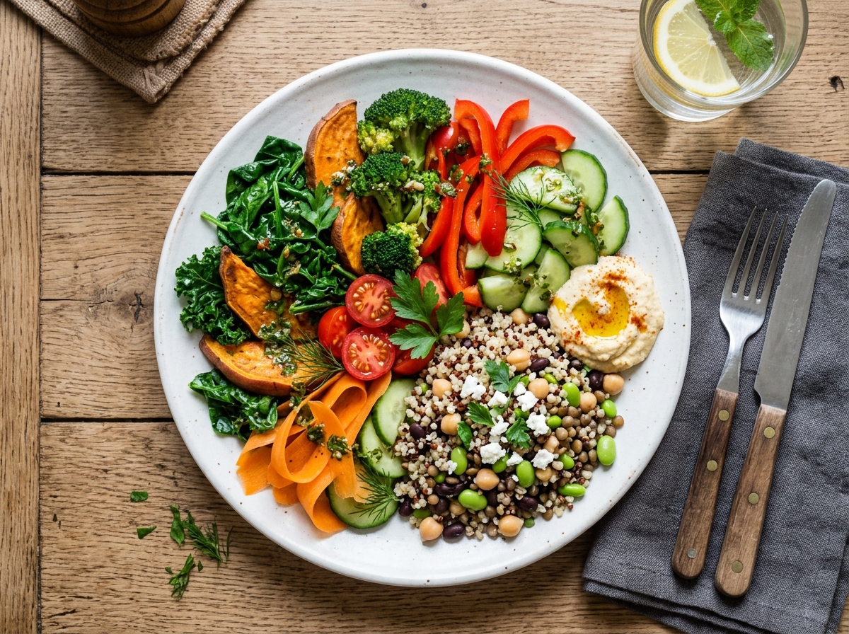 Bunter Teller mit pflanzlicher Ernährung nach DGE-Empfehlung