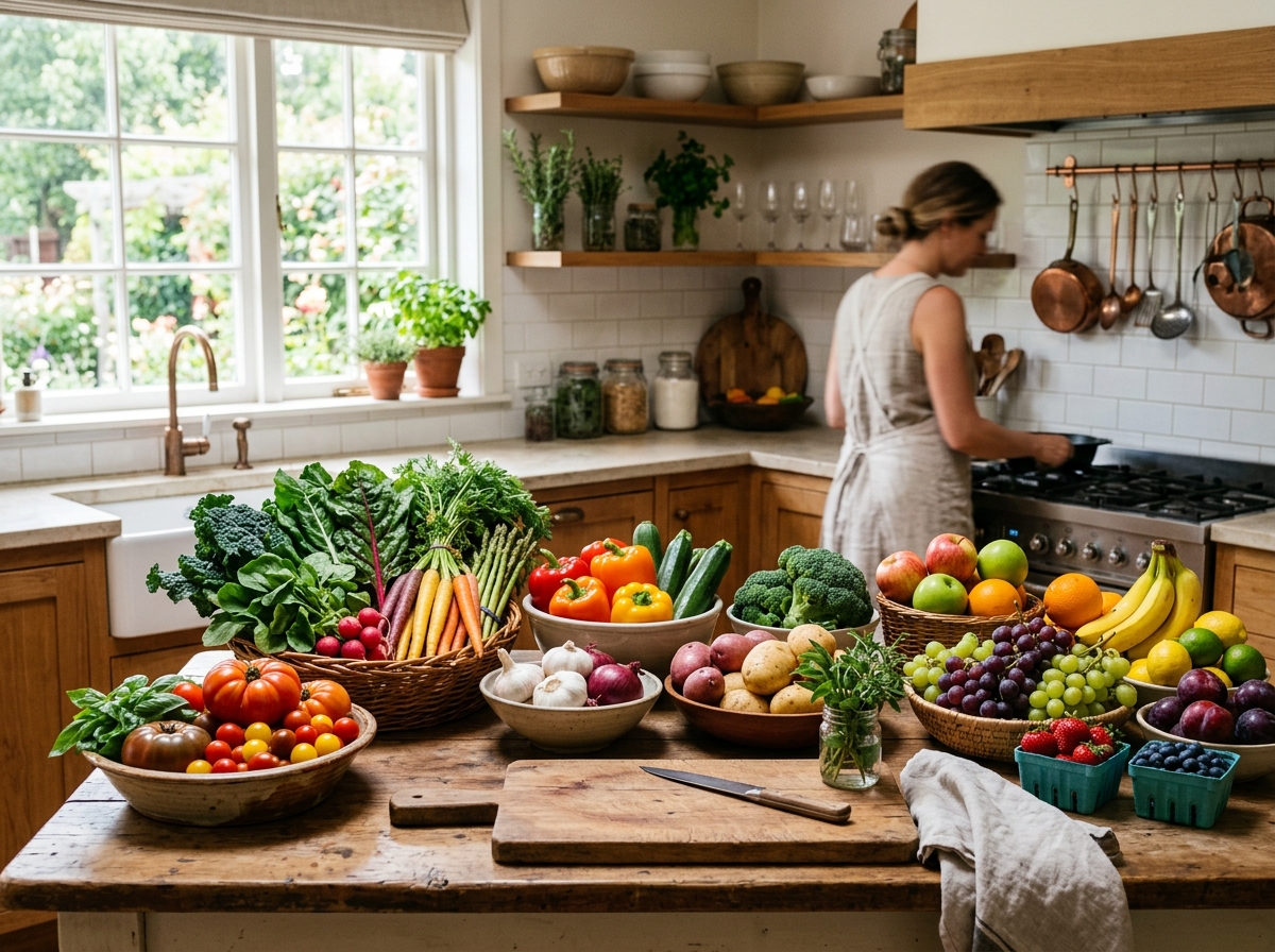Einladende Küchenszene mit frischem Obst und Gemüse