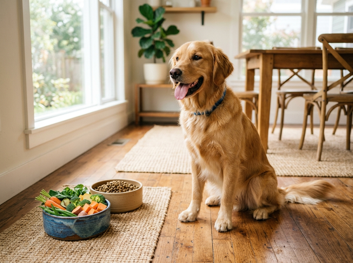 Golden Retriever neben einer Schüssel mit frischem Gemüse und Trockenfutter in hellem Wohnzimmer