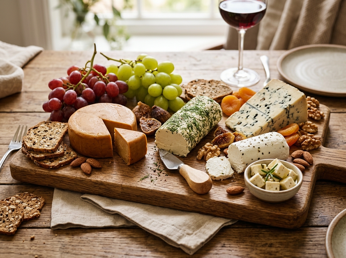 Verschiedene vegane Käsealternativen auf einem Holzbrett mit Trauben und Crackern