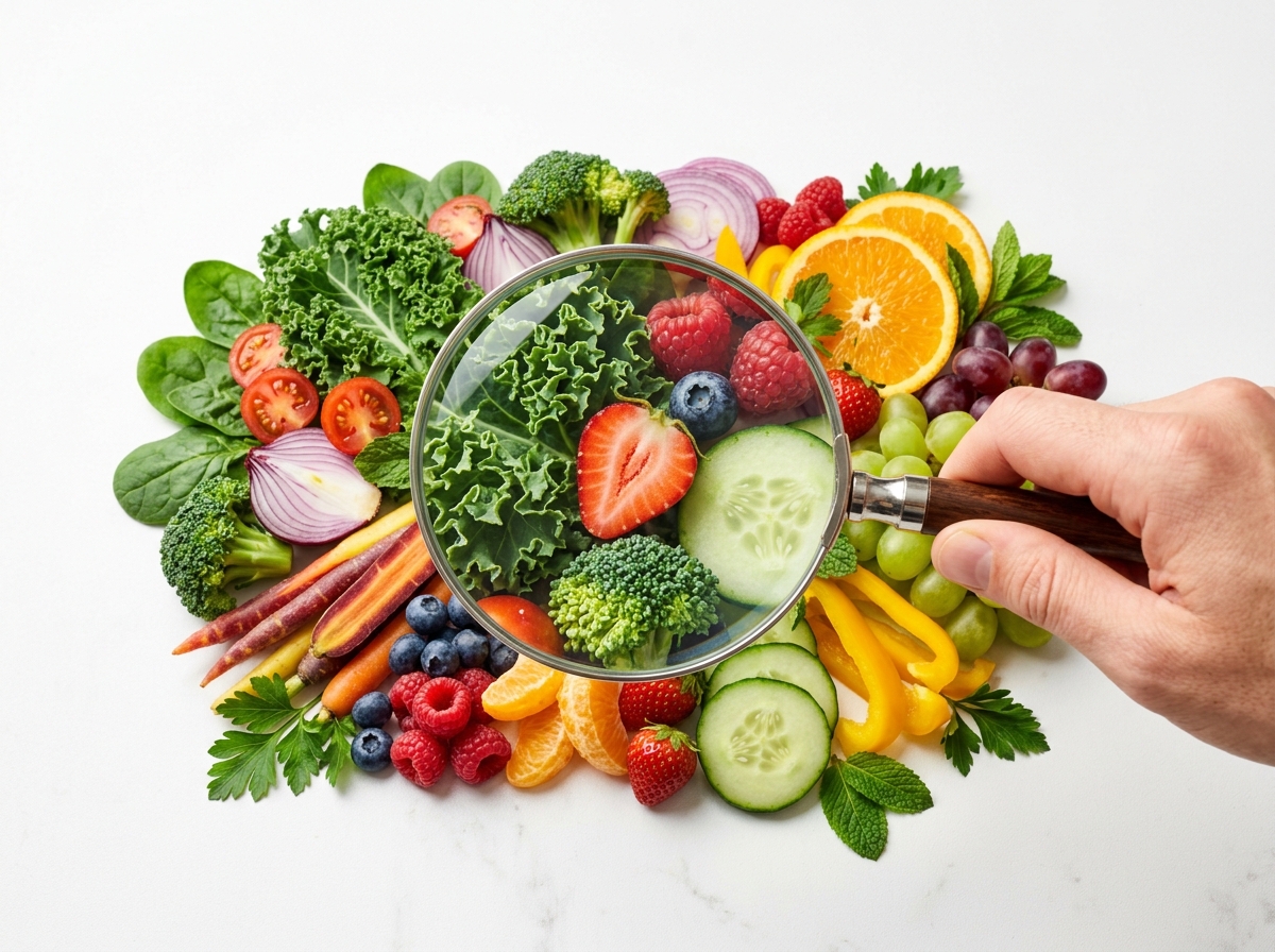 Lupe über buntem Gemüse als Faktencheck-Konzept