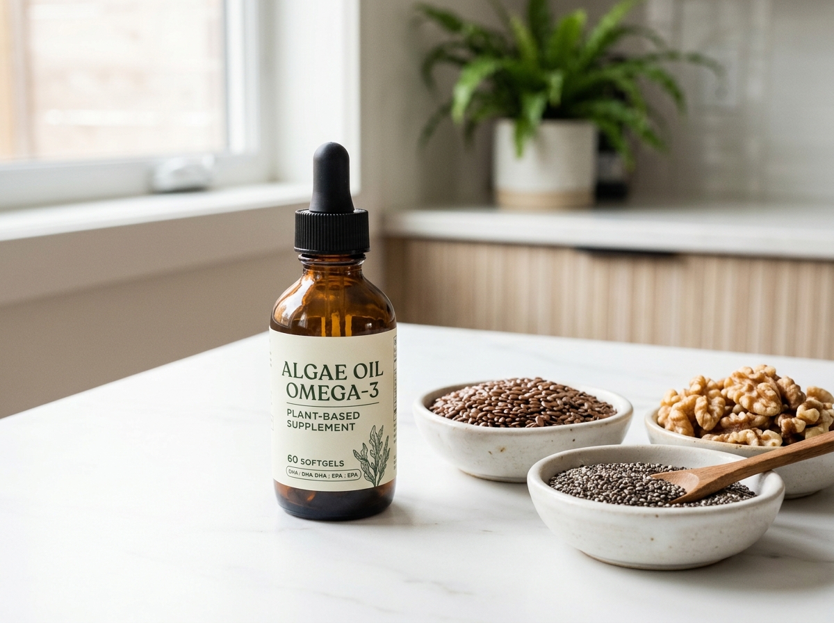 Algenöl-Flasche neben Walnüssen, Leinsamen und Chiasamen auf heller Oberfläche