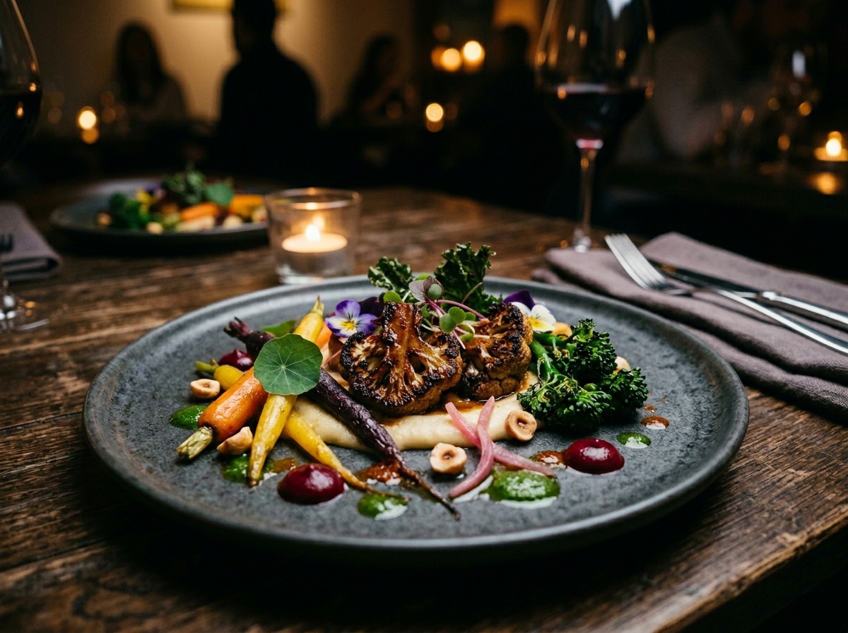Elegant angerichteter veganer Teller in einem stilvollen Restaurant mit stimmungsvoller Beleuchtung