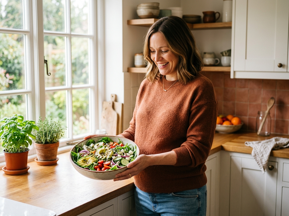 Schwangere Frau mit einer Schüssel buntem Salat