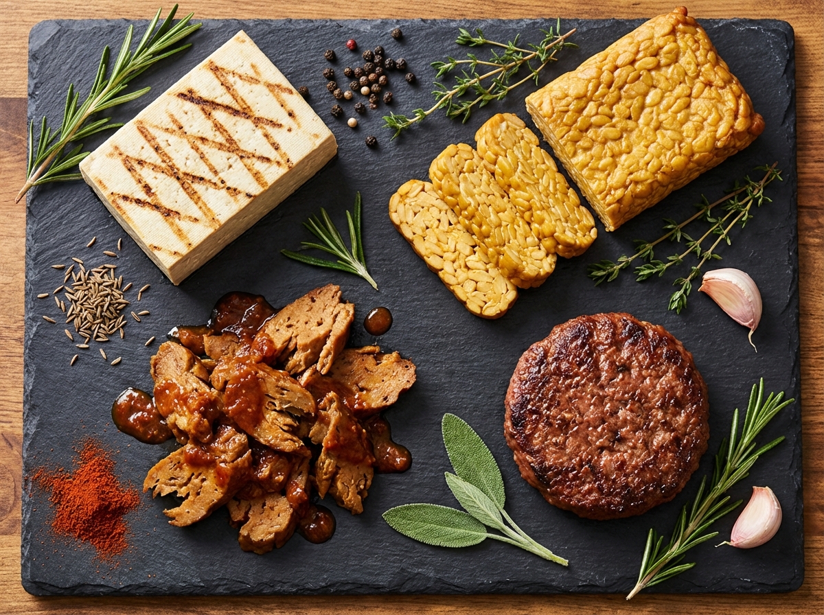 Verschiedene vegane Fleischalternativen auf einem Schneidebrett: Tofu, Tempeh, Seitan und pflanzliche Burger-Patties