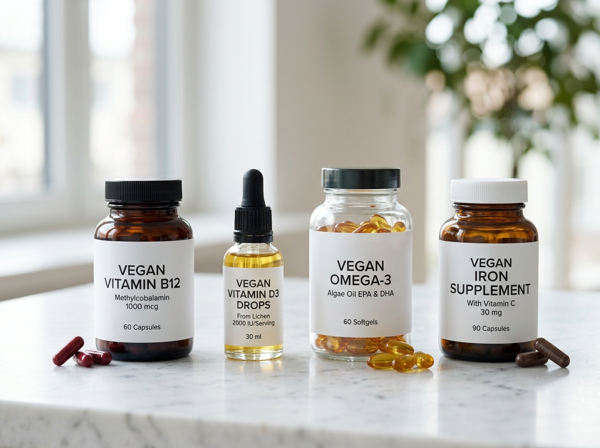 Verschiedene Supplement-Kapseln und -Tropfen neben frischem Obst und Gemüse auf hellem Hintergrund