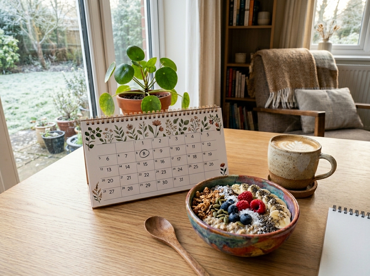 Kalenderblatt Januar neben einer pflanzlichen Mahlzeit