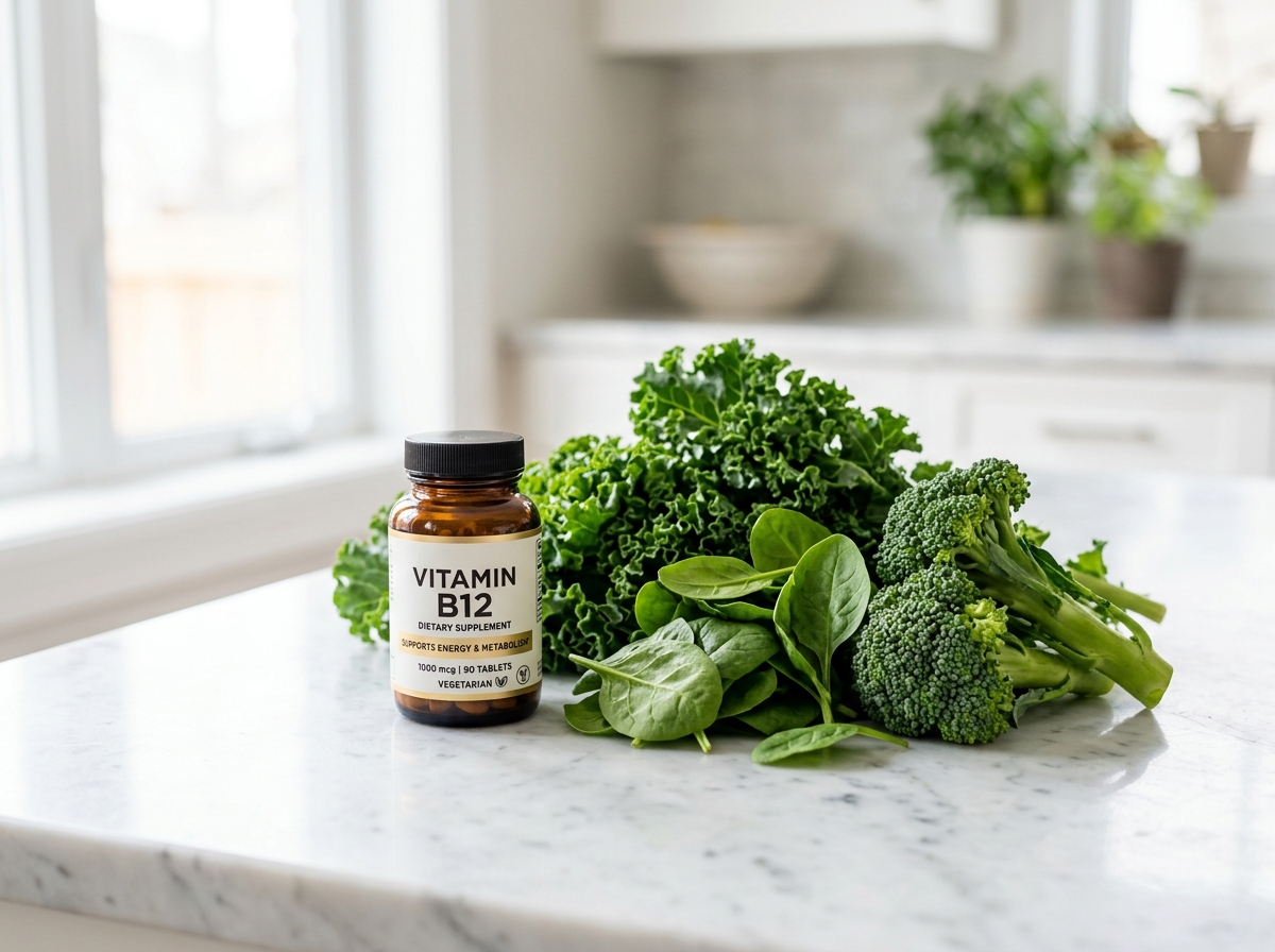 Vitamin B12 Supplement neben frischem Gemüse