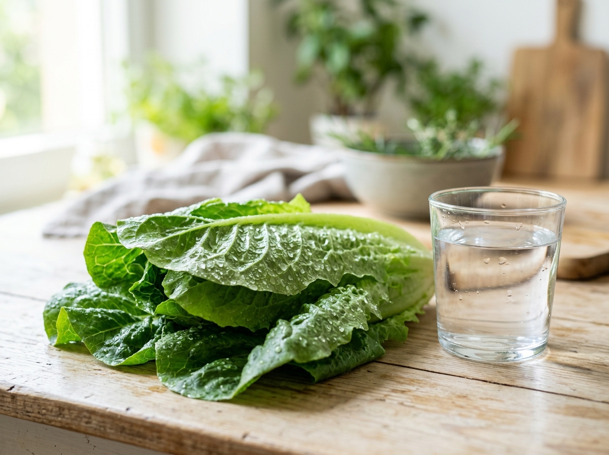 Wassertropfen auf frischem grünen Salat mit einem Glas klarem Wasser