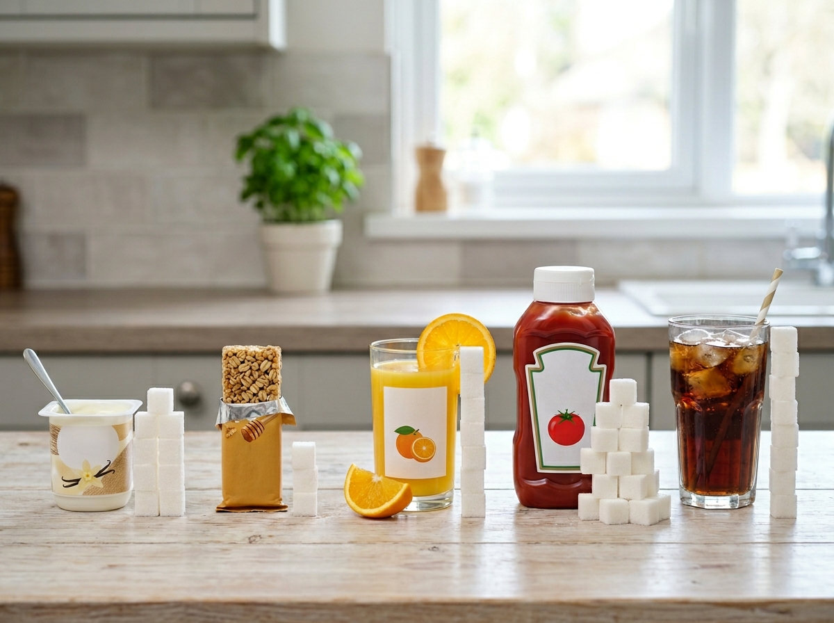 Zuckerwürfel gestapelt neben Alltagsprodukten wie Joghurt, Müsliriegeln und Ketchup