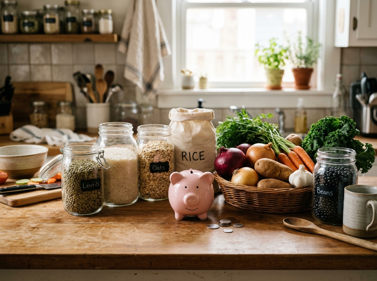 Günstige pflanzliche Lebensmittel und ein Sparschwein