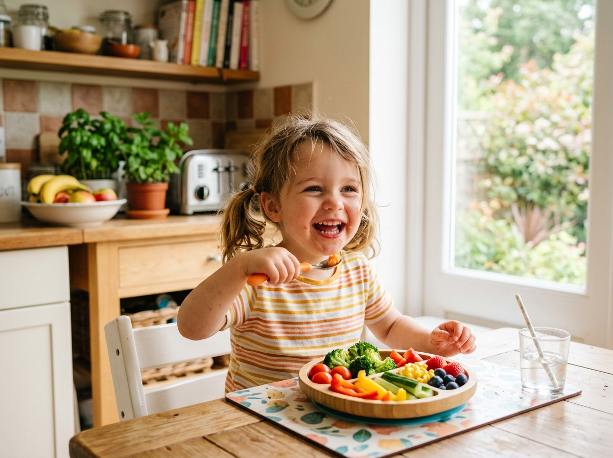 Kind isst fröhlich buntes pflanzliches Essen