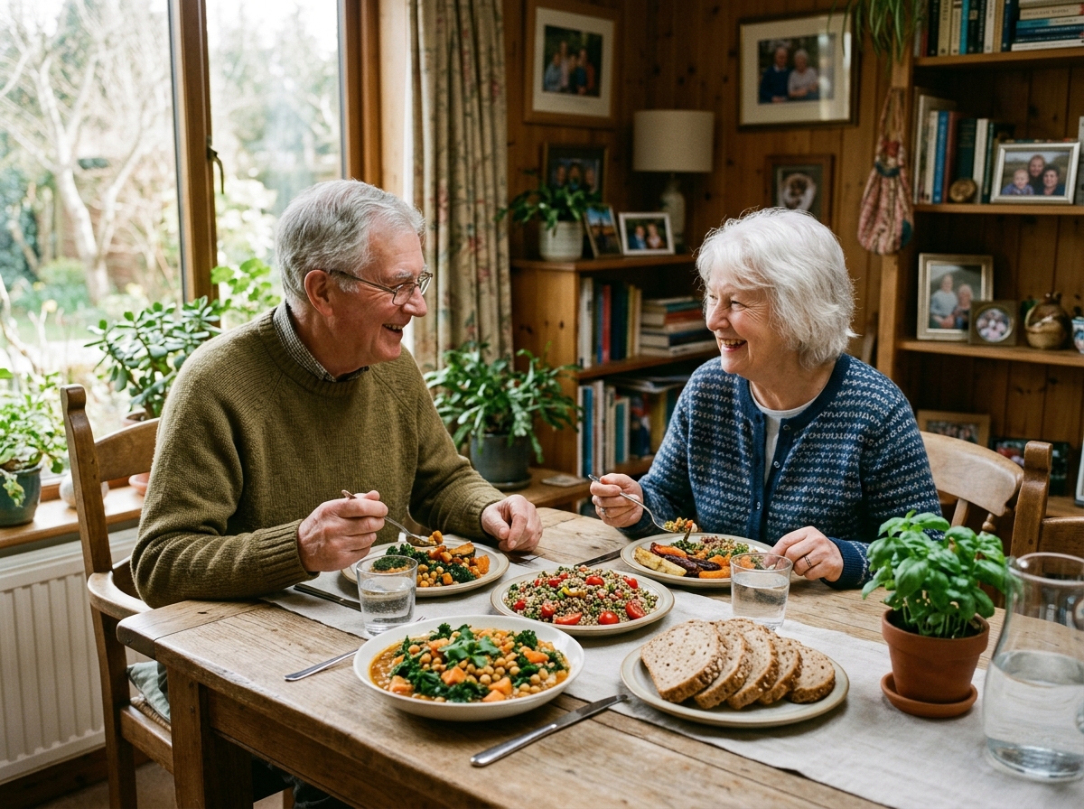Älteres Paar genießt eine pflanzliche Mahlzeit