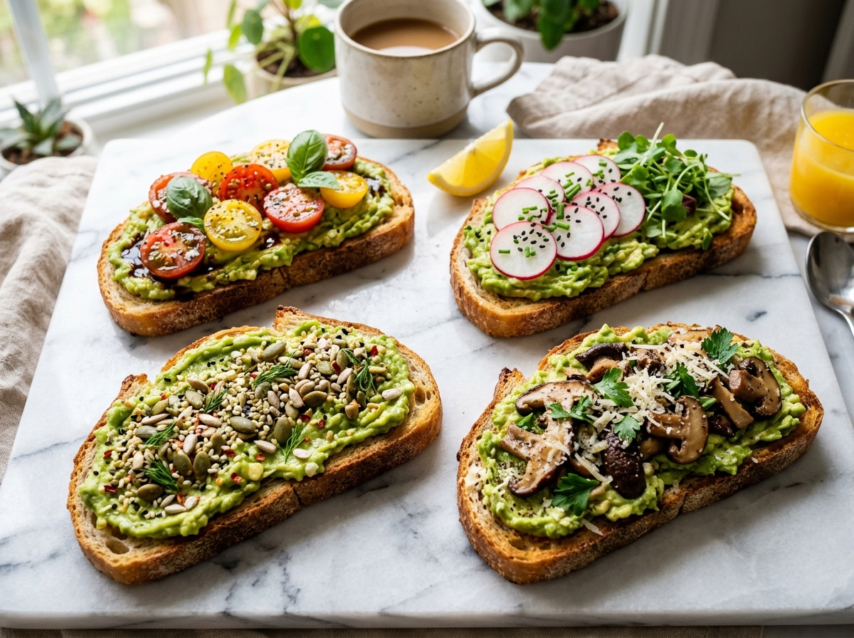 Vier verschiedene Avocado-Toast-Varianten auf Marmorfläche