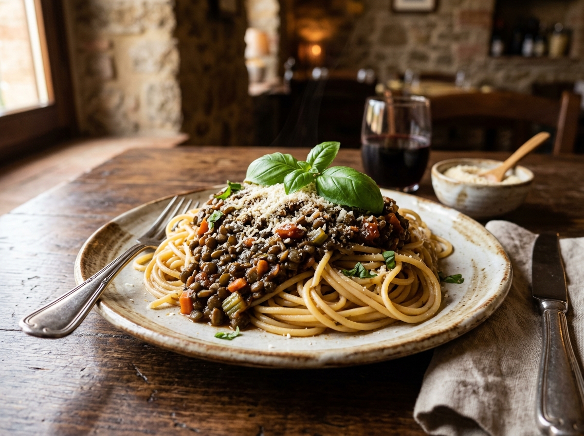 Spaghetti mit Linsen-Bolognese und frischem Basilikum