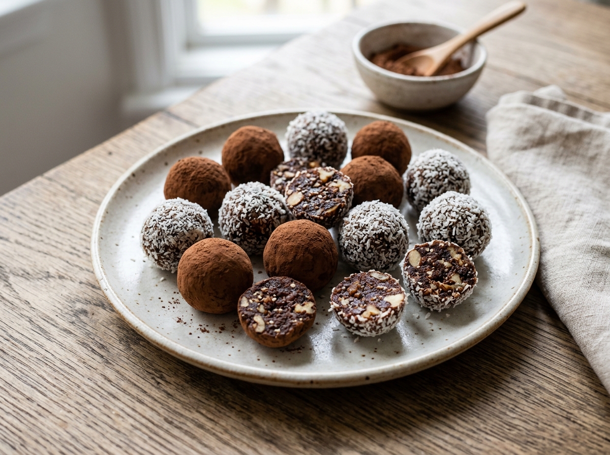 Energy Balls mit Kakao und Kokosraspeln auf einem Teller