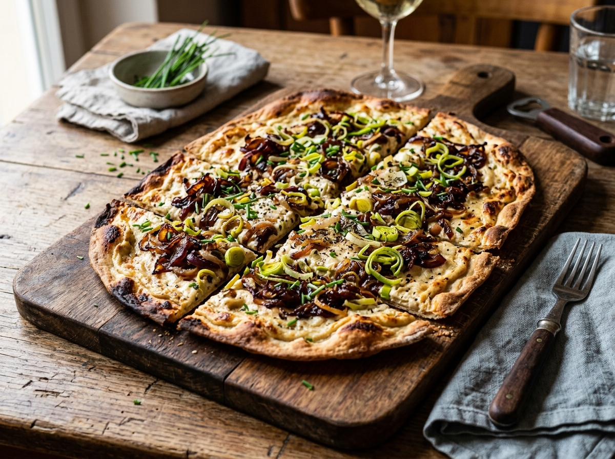 Knuspriger veganer Flammkuchen mit Lauch und karamellisierten Zwiebeln auf Holzbrett