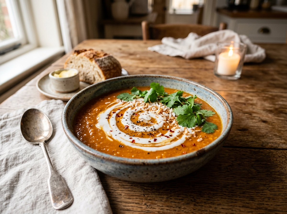 Cremige rote Linsensuppe mit Kokosmilch in einer Schüssel